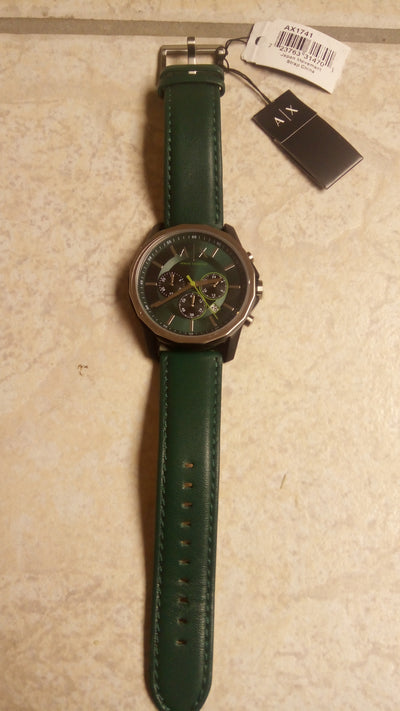 ARMANI EXCHANGE LEATHER ANALOG GREEN DIAL MEN'S WATCH AX1741, GREEN BAND